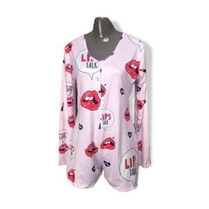 Women Pink & Red Lip Talk Print Comfort Sleepwear Bodysuit Pajama Romper Size XL